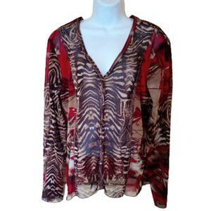 ---  Beige Red Printed Pull Over Blouse Size XL